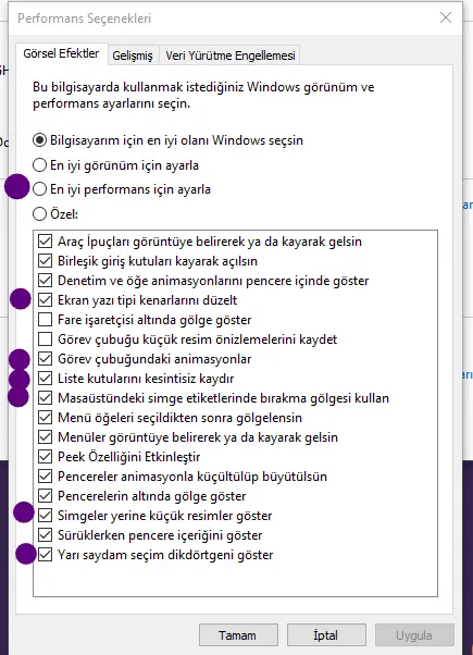 windows, görsel özellikleri kısma