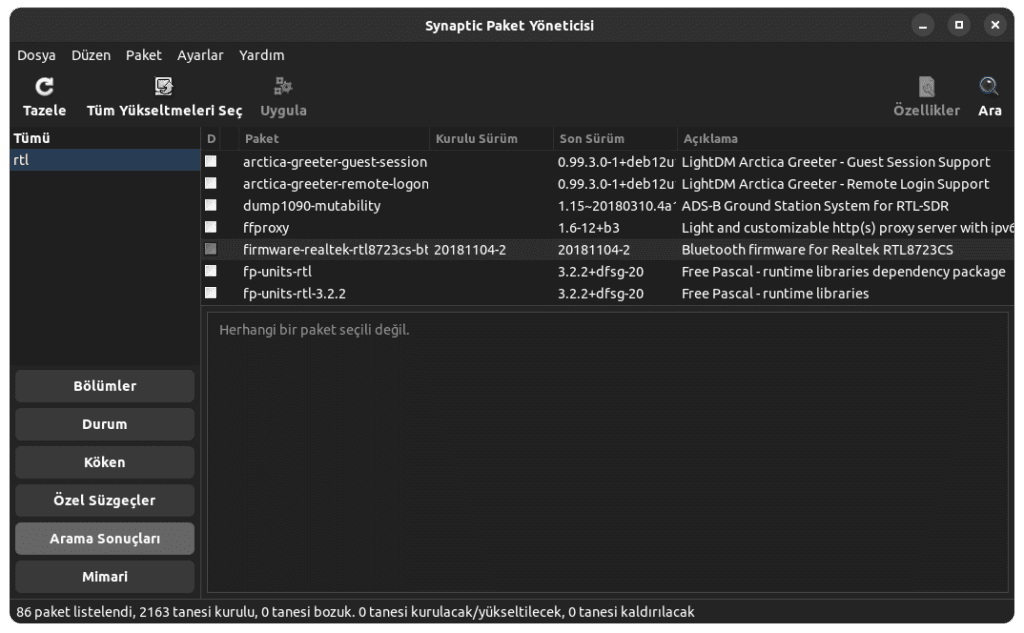 linux pardus RTL wireless usb kurulumu, synaptic ekranı