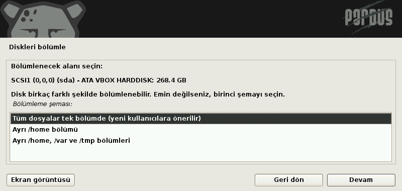 Pardus kurulum ekranları, disk bölümleme seçenekleri