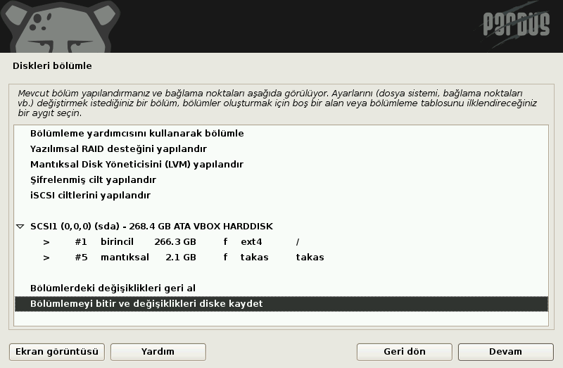 Pardus kurulum ekranları, disk bölümleme