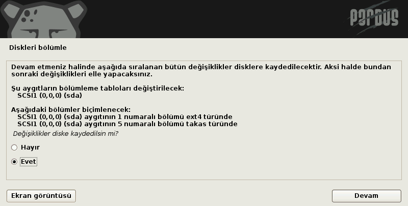 Pardus kurulum ekranları, disk bölümleme onay ekranı