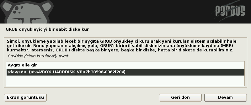 Pardus kurulum ekranları, önyükleyici (GRUB) disk seçme