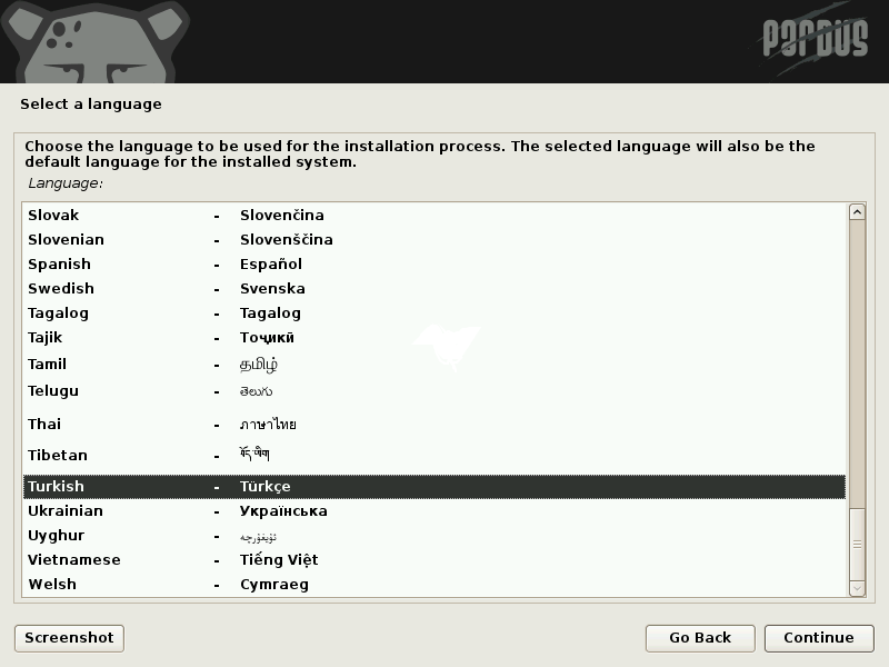 Pardus kurulum ekranları, dil seçme
