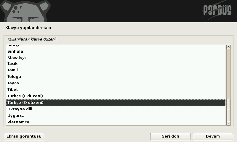 Pardus kurulum ekranları, klavye seçme