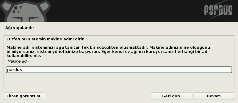 Pardus kurulum ekranları, bilgisayar ismi belirleme