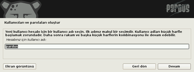 Pardus kurulum ekranları, kullanıcı hesabı verme