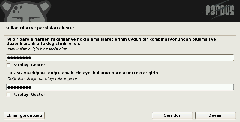 Pardus kurulum ekranları, kullanıcı şifresini girme