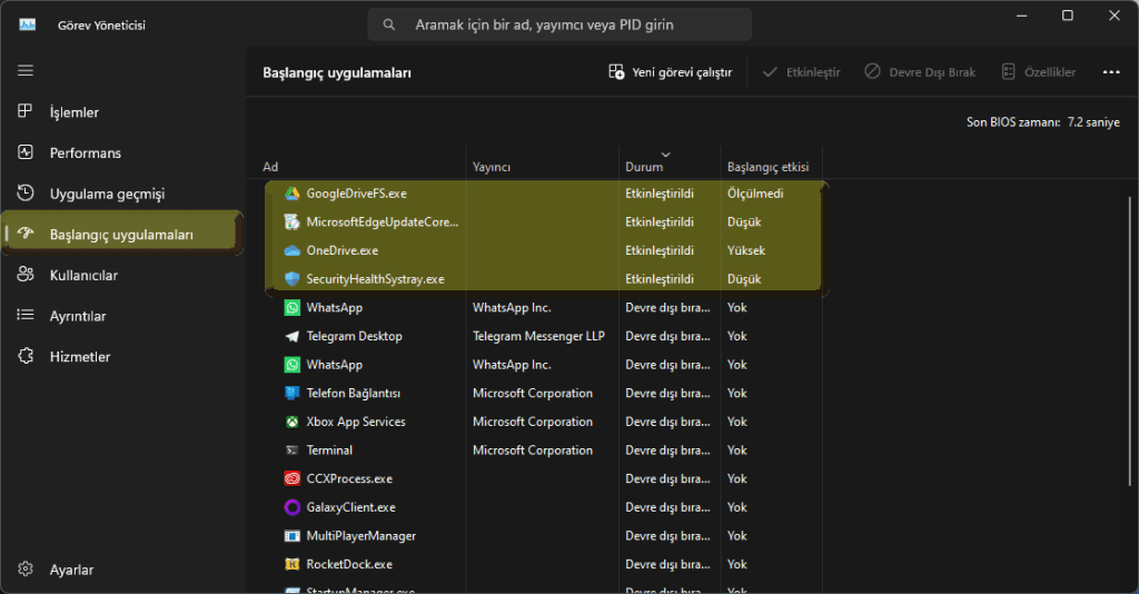 Windows başlangıç programlarını görev yöneticisinde bulna ve kapatma