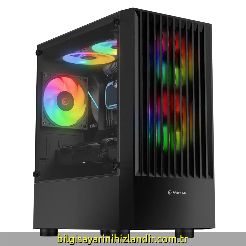 Rampage Lyra mesh siyah temperli camli 3xrgb fan mid t gaming oyuncu kasasi sol alt caprazdan