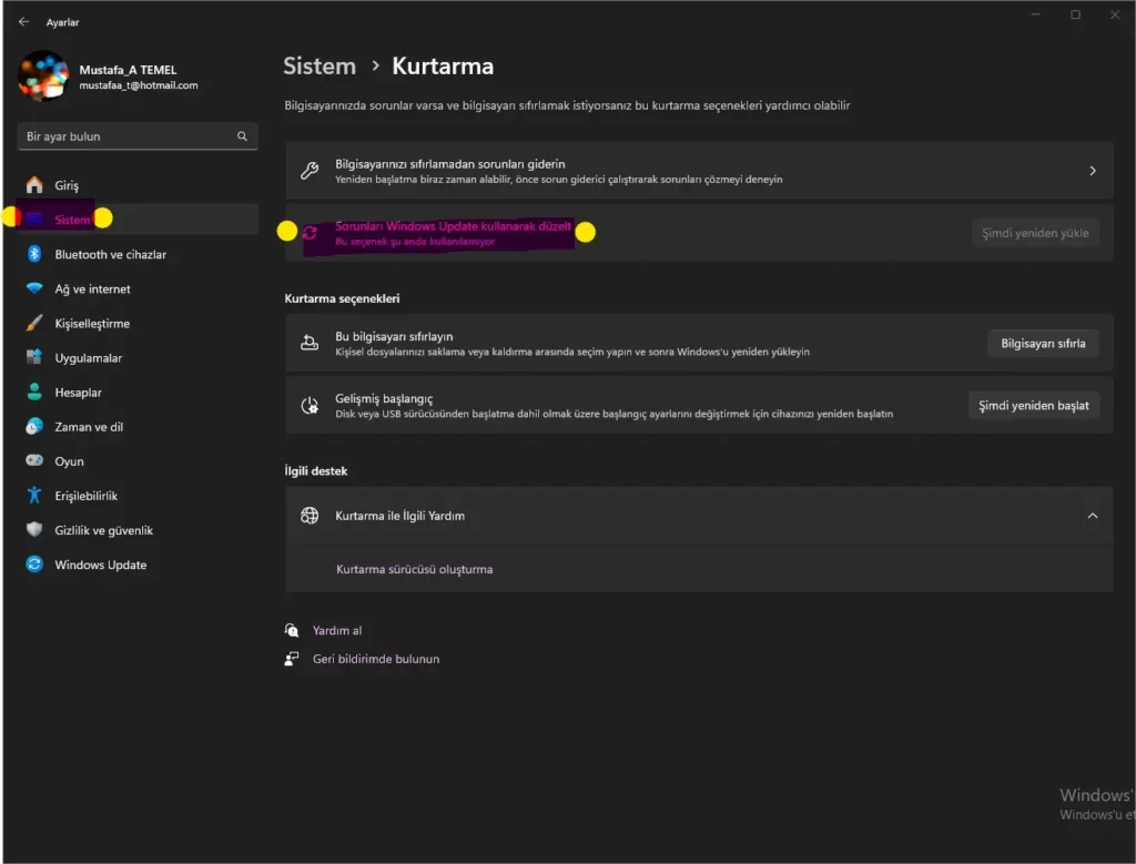 windows update sıfırlama, windows-11-guncelleme-sistem-kurtarma